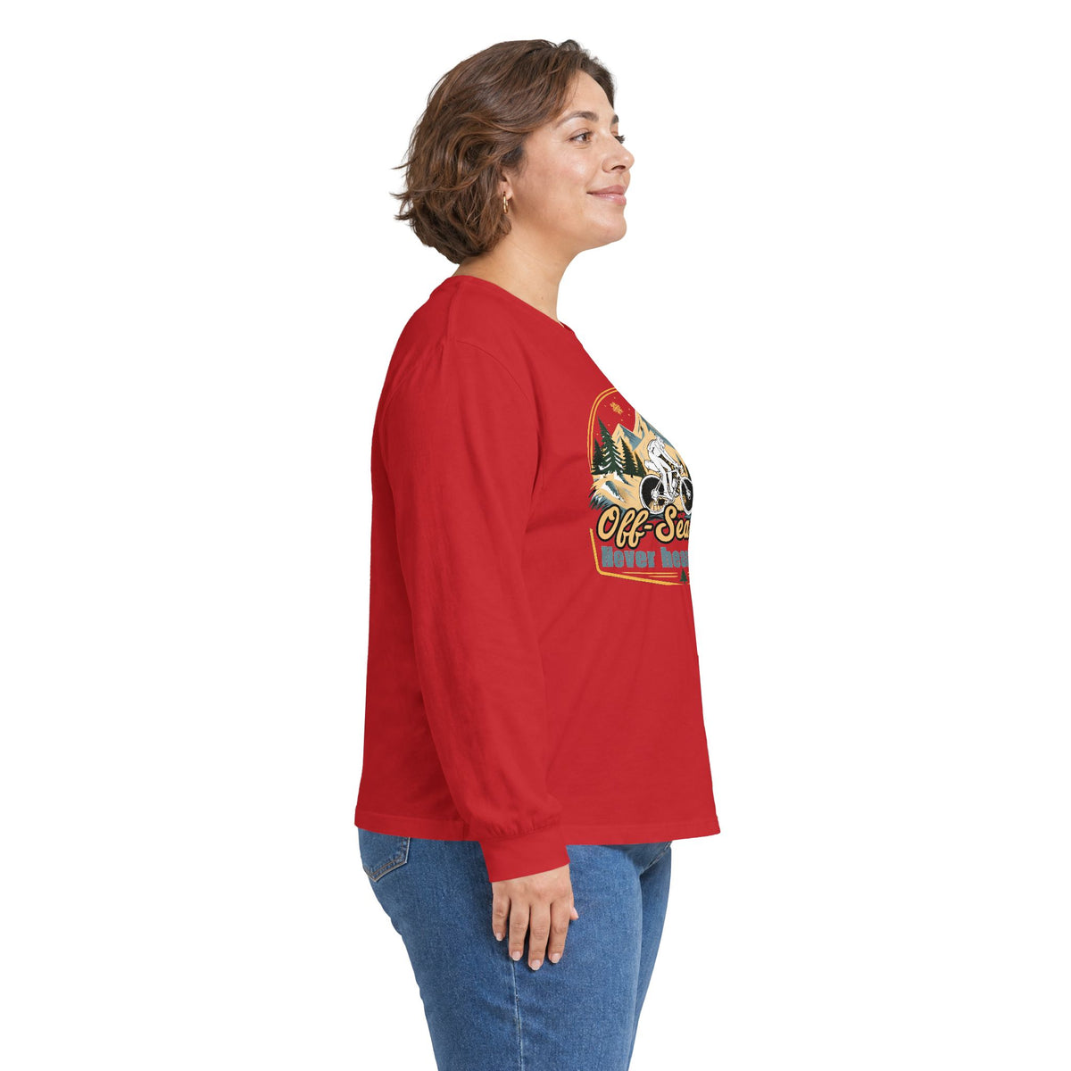 Biking Long Sleeve Tee – “Off-Season? Never Heard of It!” Adventure Shirt