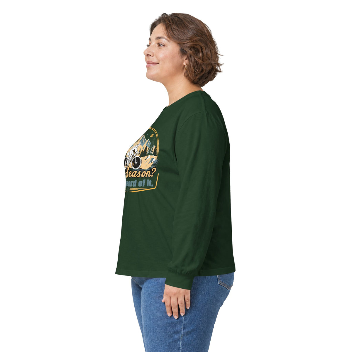 Biking Long Sleeve Tee – “Off-Season? Never Heard of It!” Adventure Shirt