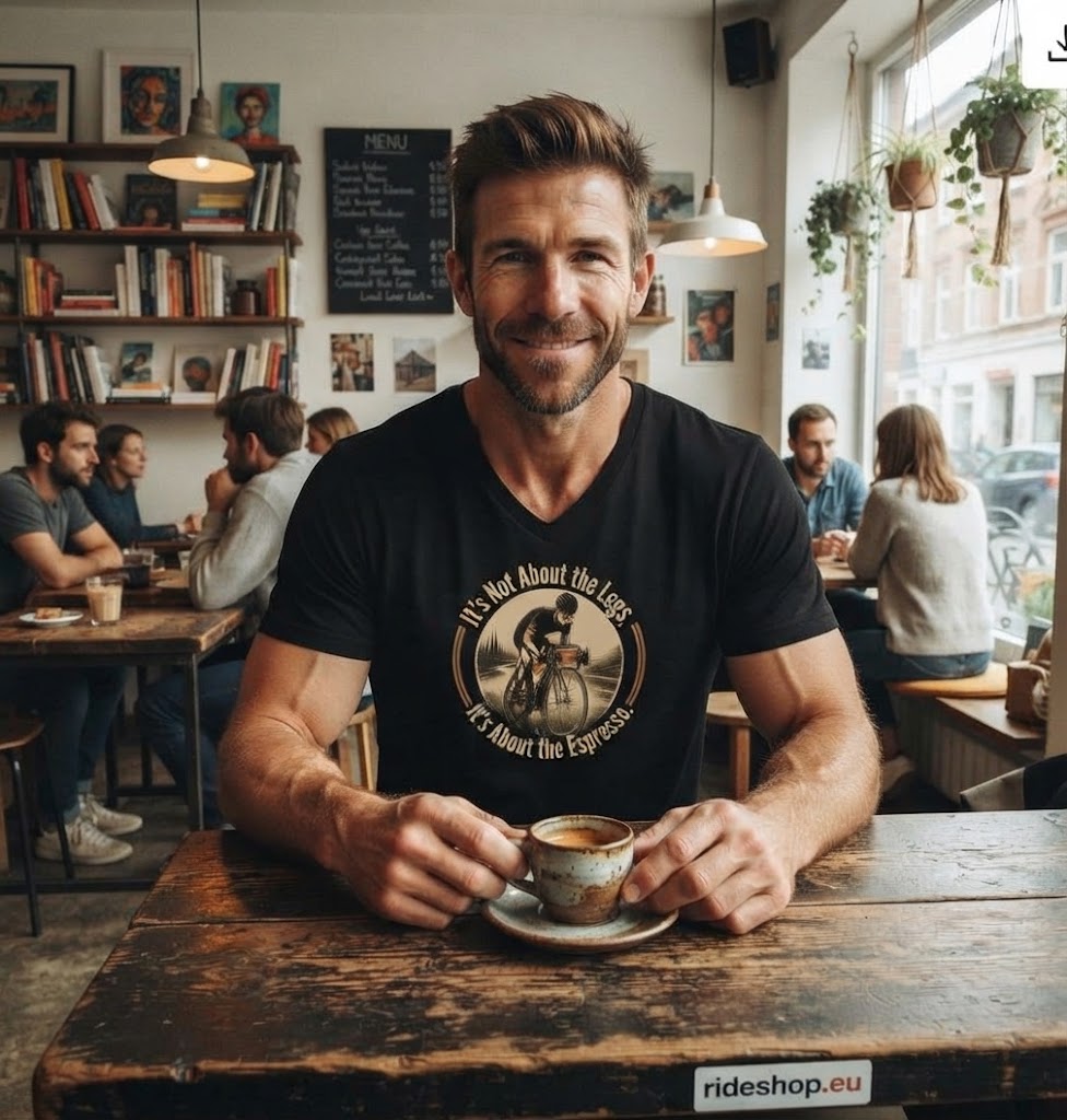 Cycling Coffee Tee – "It's Not About the Legs, It's About the Espresso" V-Neck