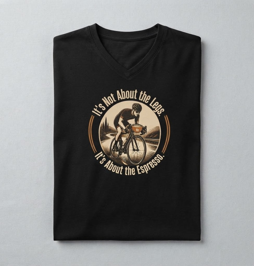 Cycling Coffee Tee – "It's Not About the Legs, It's About the Espresso" V-Neck