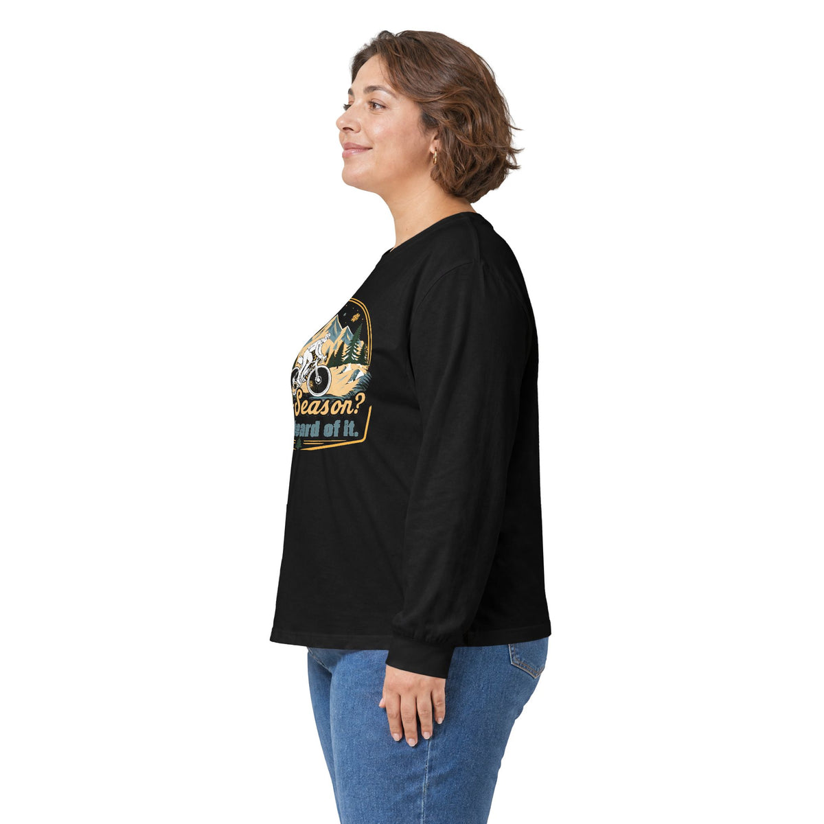 Biking Long Sleeve Tee – “Off-Season? Never Heard of It!” Adventure Shirt