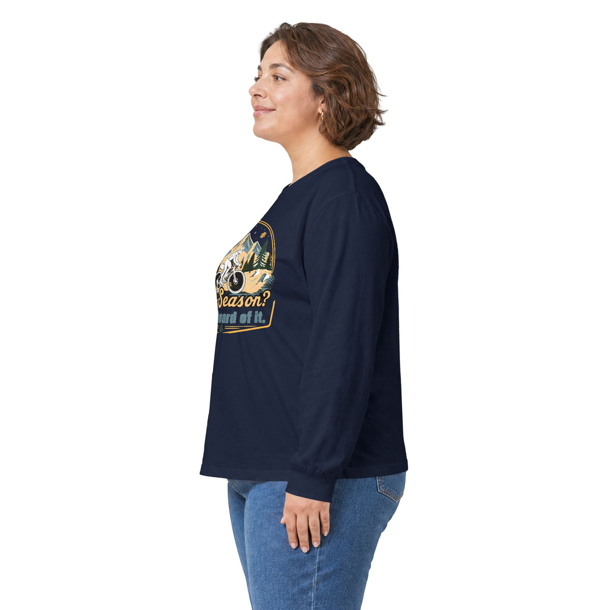 Biking Long Sleeve Tee – “Off-Season? Never Heard of It!” Adventure Shirt