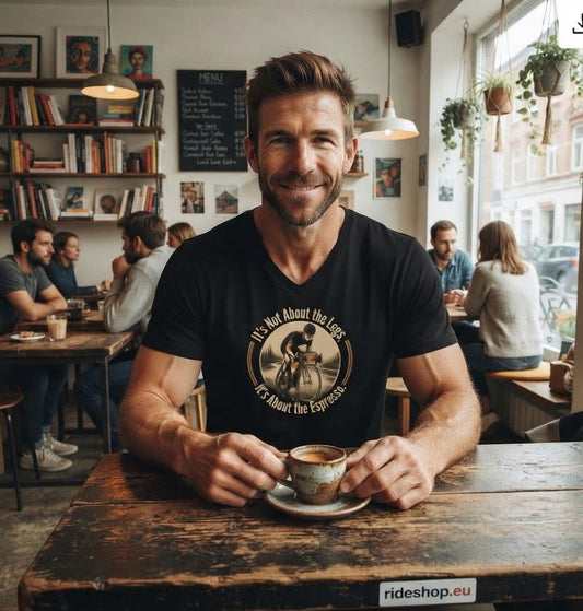 Cycling Coffee Tee – "It's Not About the Legs, It's About the Espresso" V-Neck